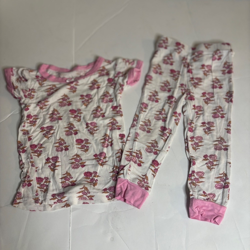 Kyte Baby Bamboo Viscose Floral Rose Pajama Set Pink Cream Short Sleeve PJs